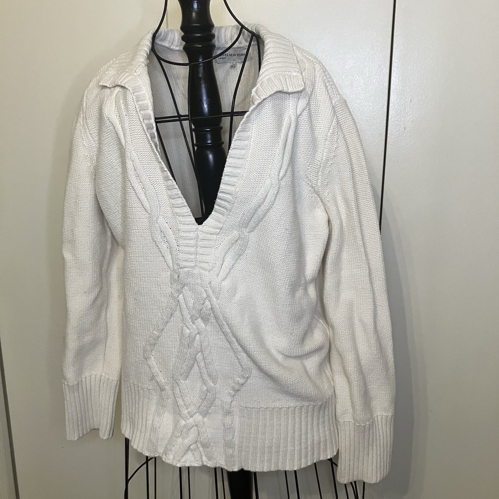 Cream Cable Knit V-Neck Sweater Tenniscore/Après Ski Style Sz Large Soft Winter - Picture 2 of 11